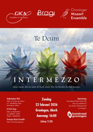 GME concertposter: drie lelies van bladmuziek op een kalme zee. 22 februari in de A-kerk