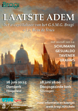 Poster a-cappellakoor concert. "laatste adem" 26 en 28 juni 2026